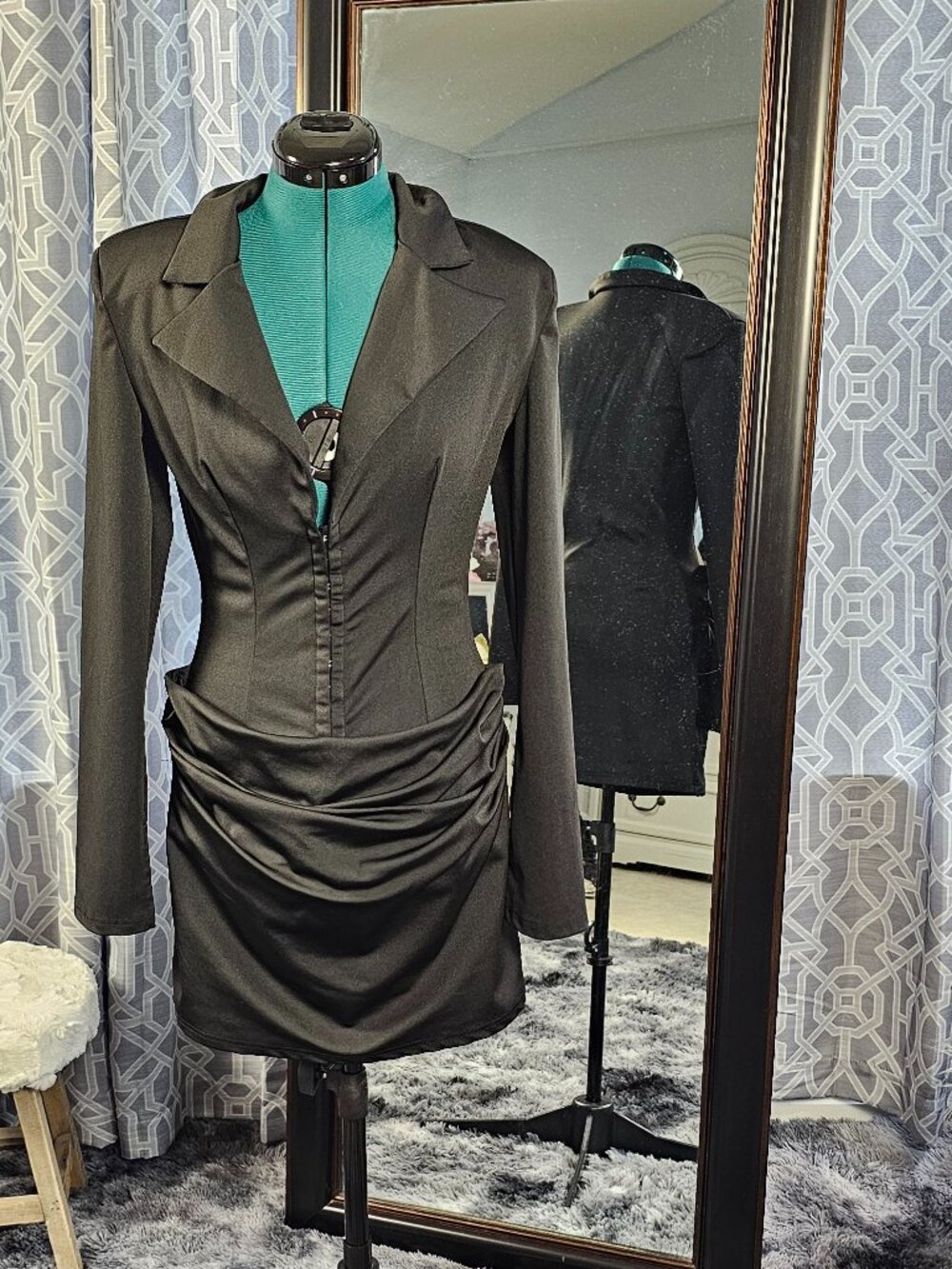 Black Blazer Mini Dress – Hook‑and‑Eye Front & Draped Cowl Skirt – Size S